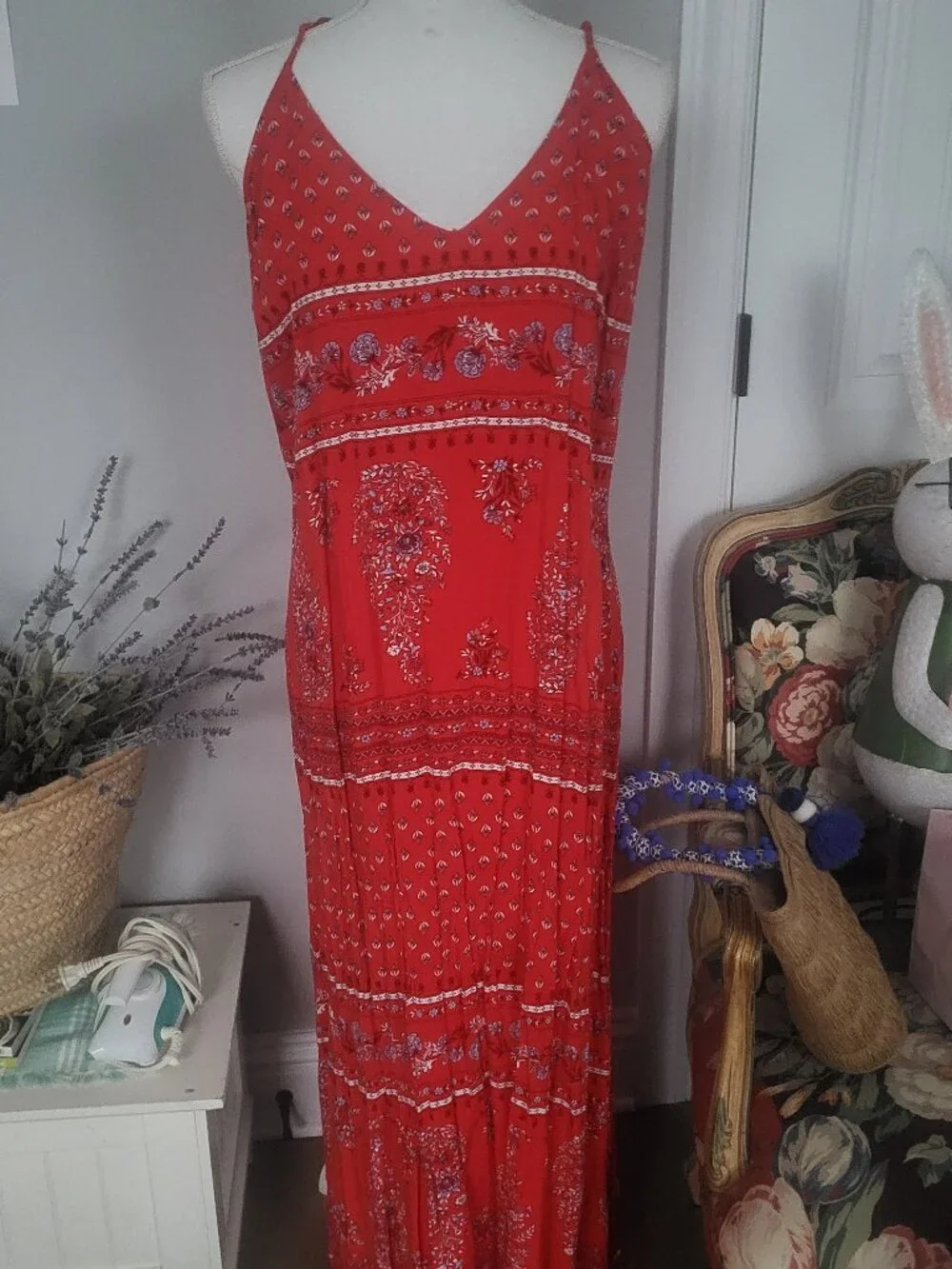 Brand New--Old Navy Red Paisley Maxi Dress with Border Print - Picture 1 of 6